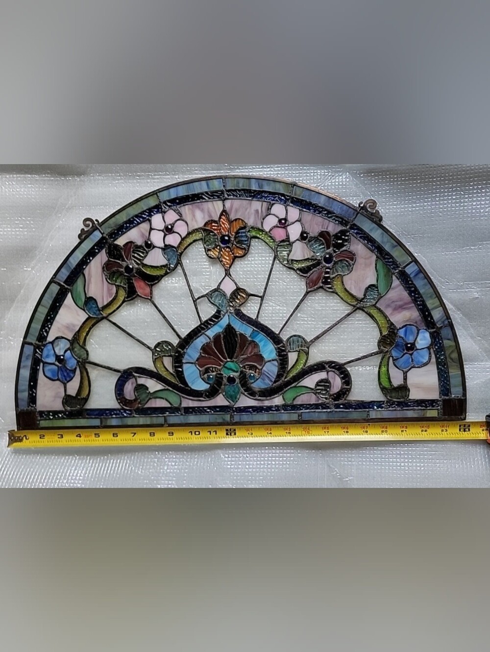 Stained Glass Half-Round Window Panel - Multicolor Floral Design
